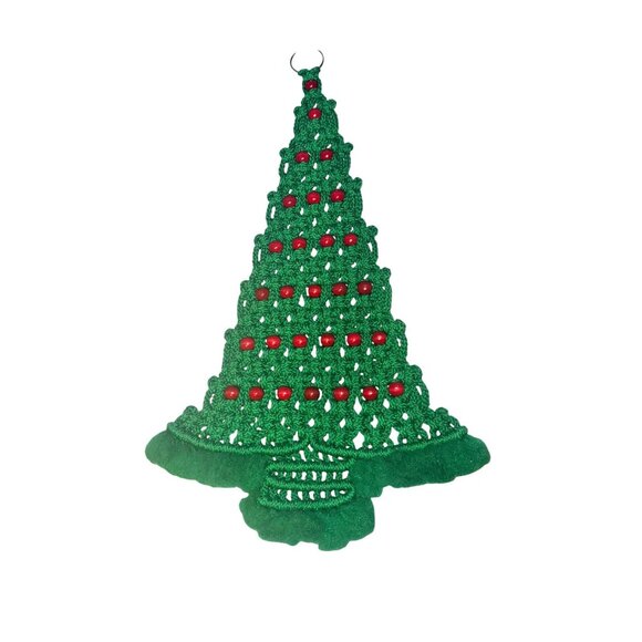 Vintage Macrame Christmas Tree Wall Hanging With Red Beads & Metal Ring - Picture 4 of 5